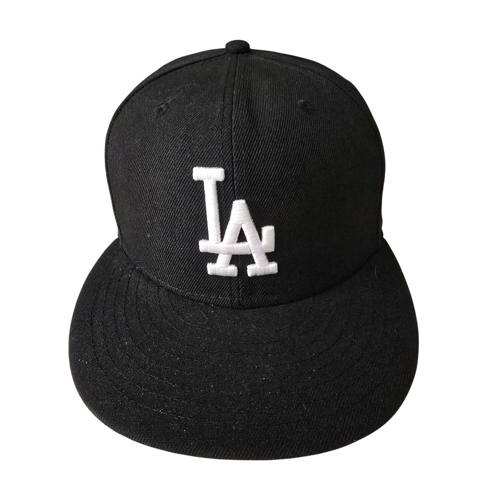 New Era 59FIFTY Los Angeles Dodgers Fitted Hat Black White Size 7 1/2 MLB Cap